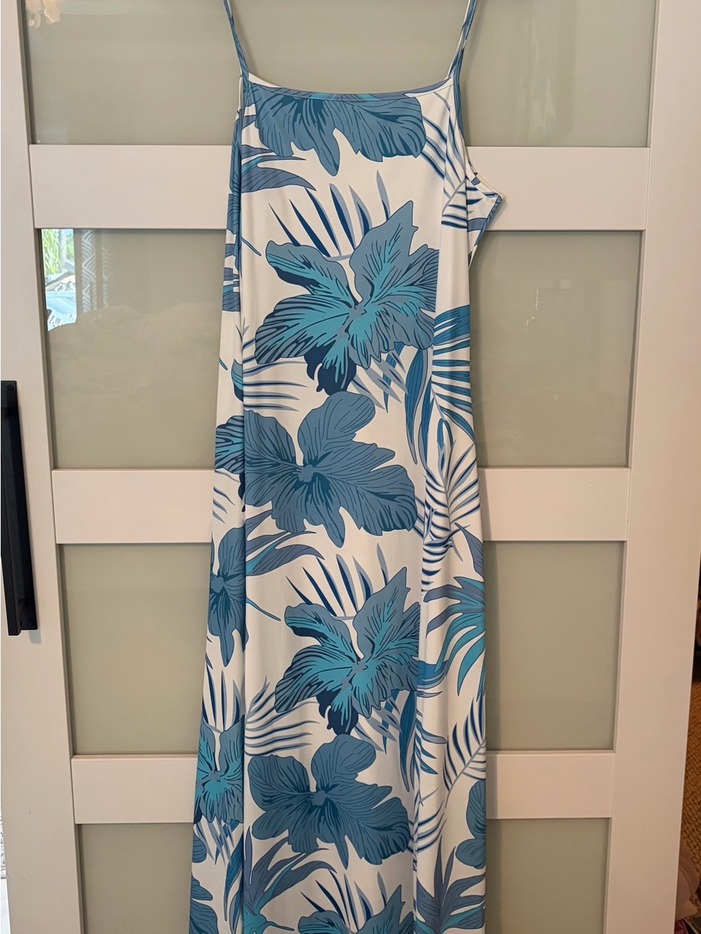 SHEIN White Maxi Slip Dress with Blue Tropical Floral Print